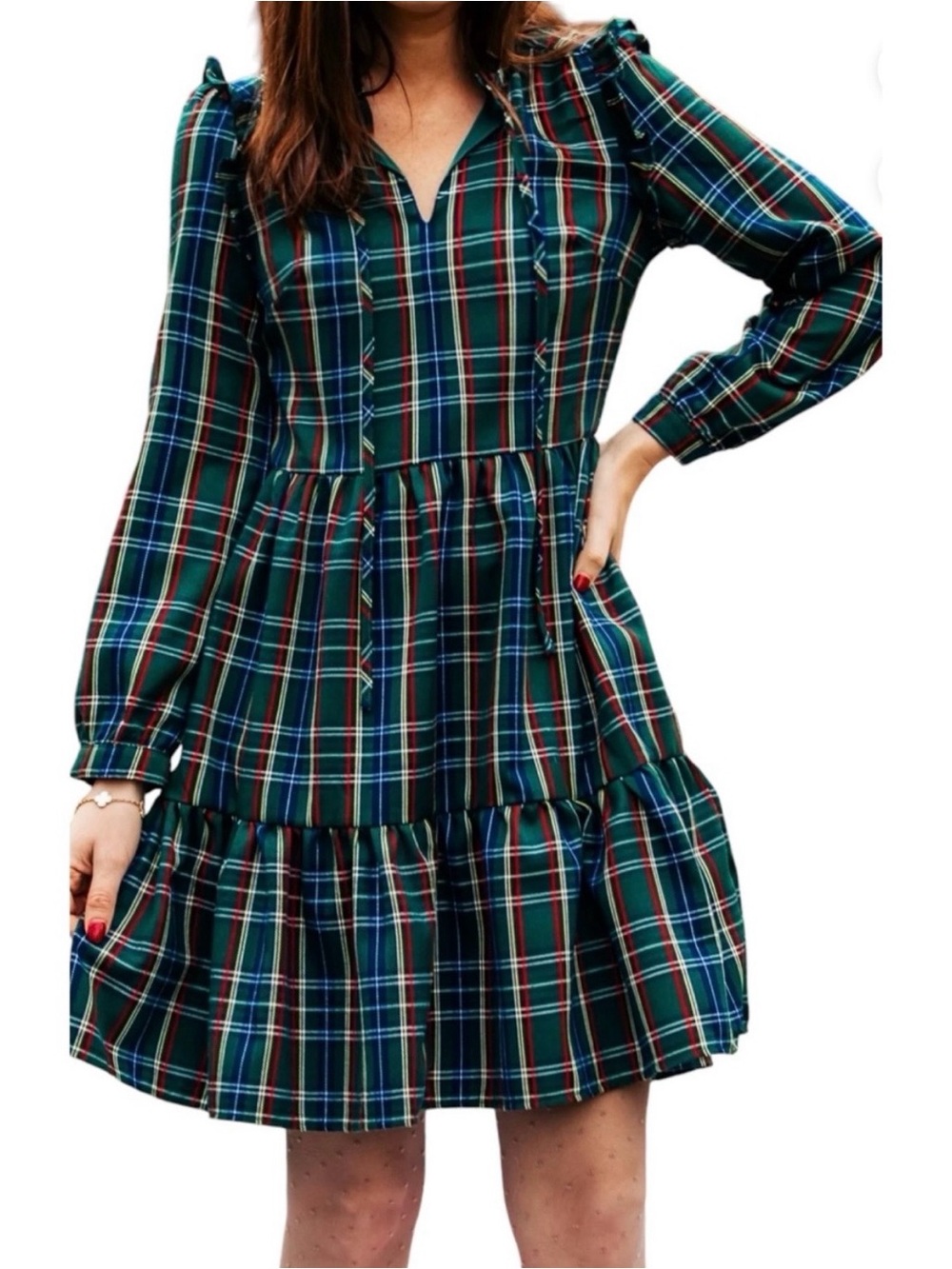 Kiel James Patrick Green Plaid Ruffle-Tie Tiered Casual Dress